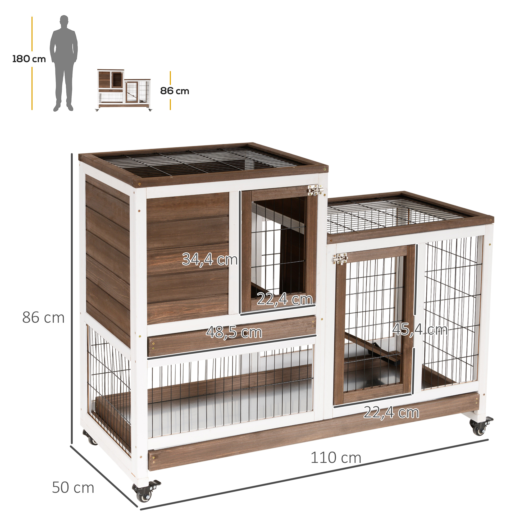 Gaiola de madeira para coelhos PawHut, com rodas, 2 andares, para coelhos de pequeno porte, com área aberta, rampa e 2 bandejas removíveis, 110x50x86 cm, marrom.