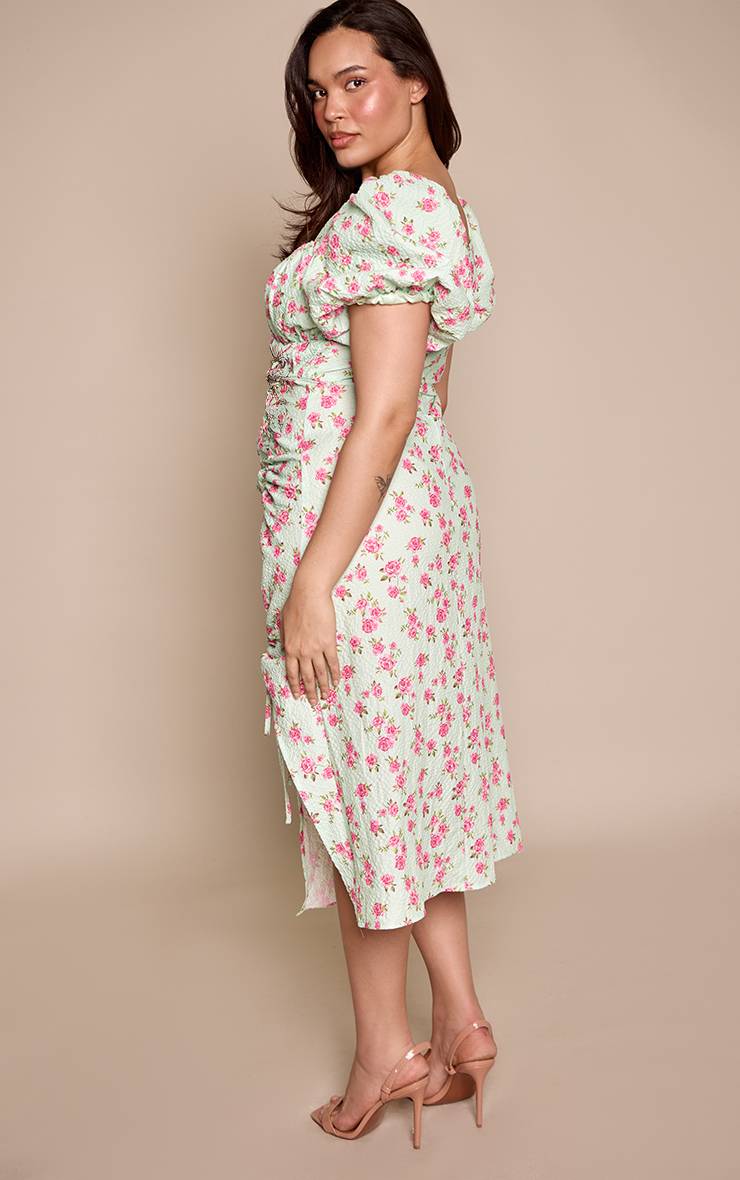 Vert Menthe Robe Midi Grande Taille À Manches Bouffantes, Détails Froncés Et Fente Latérale À Motif Floral