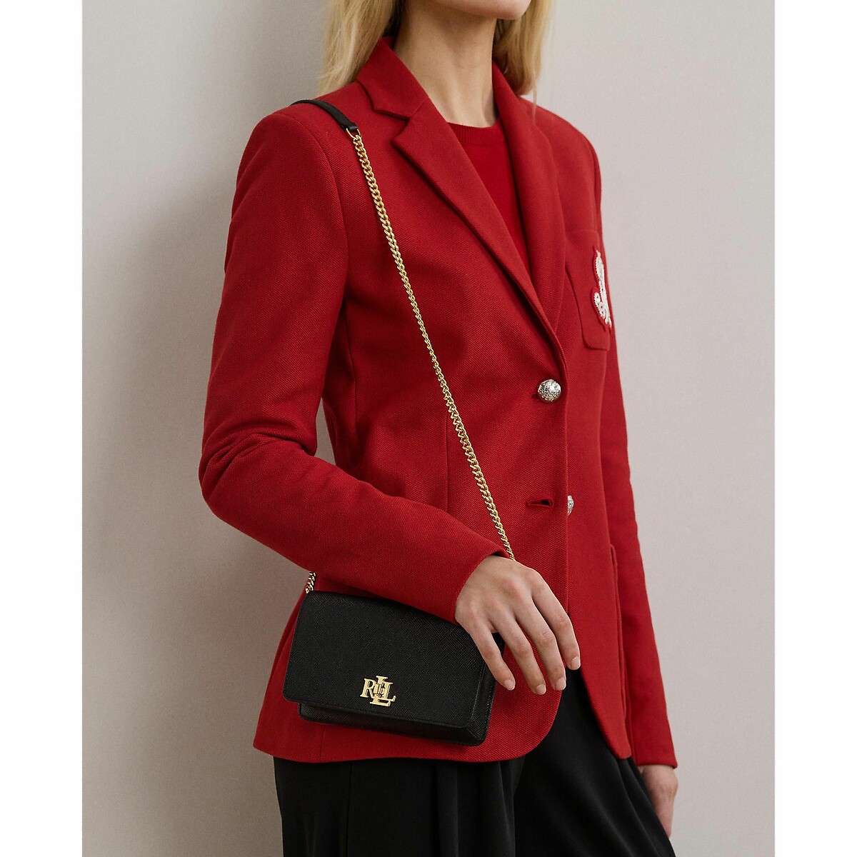 LAUREN RALPH LAUREN<br>Bolsa de mão em couro com alça de ombro em corrente