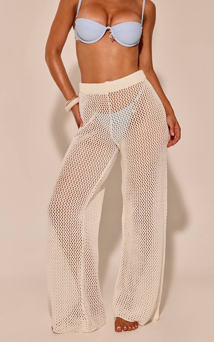 Blanc Pantalon De Plage Droit En Tricot Crochet