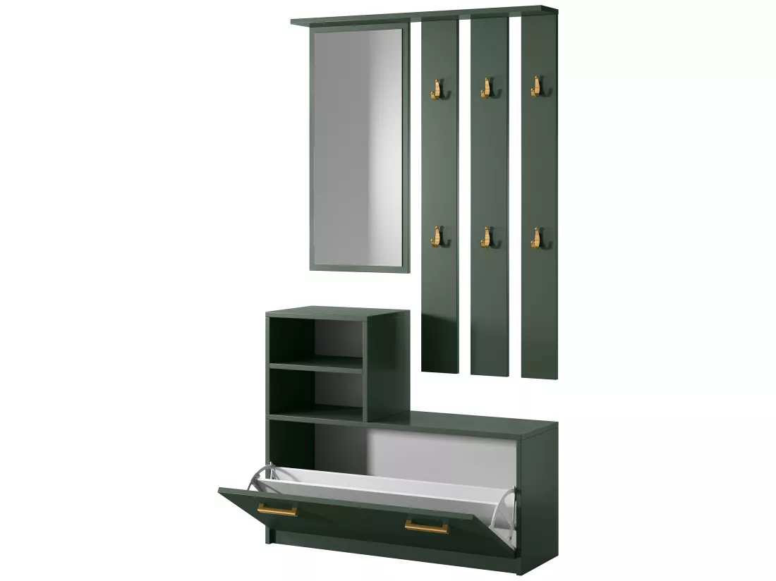 Vestiaire d’entrée / Meuble d’entrée - vert bouteille - armoire à chaussures - portemanteau - miroir - 85 cm - YESFIR