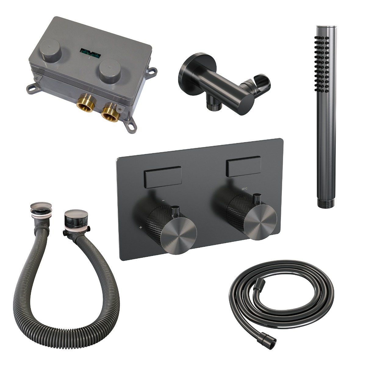 Brauer Gunmetal Carving thermostatische inbouw badkraan met badvulcombinatie en staafhanddouche set 3 gunmetal geborsteld PVD