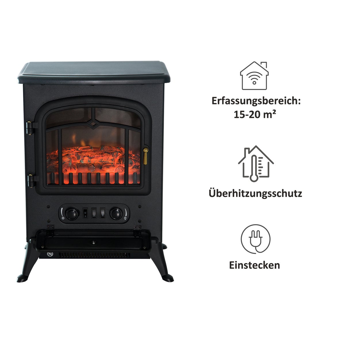 HOMCOM Elektrische haard, vlameffect, 1000/2000W, oververhittingsbeveiliging, 45 x 28 x 54 cm, gehard glas, PP, ABS, zwart