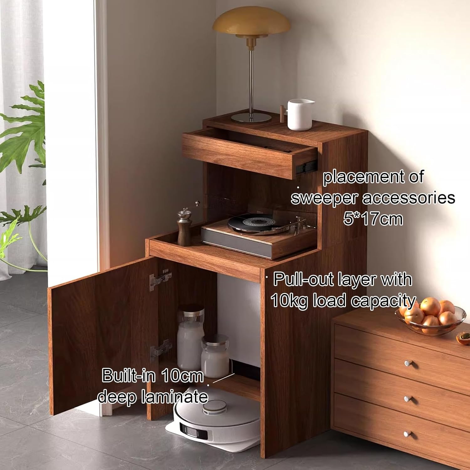 Smart Robot Vakuumschrank Holz-Finish Kehrroboter-Aufbewahrungsschrank Einfacher Wasserwechsel Aufbewahrungs-Beistell für Wohnzimmer Schlafzimmer(Gray)