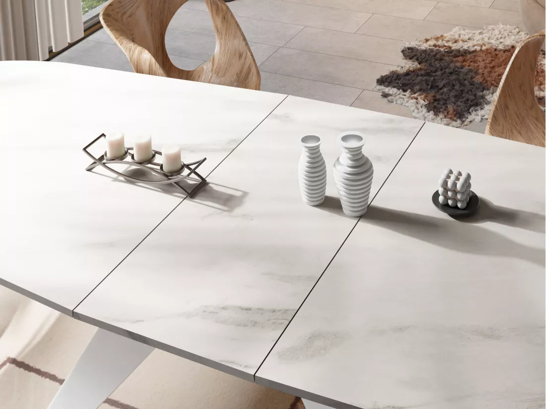 Table à Manger Extensible Style Loft - Table Industrielle Avec Pieds Métalliques Blancs - Design Moderne Pour Salon - 160 Cm Extensible à 200 Cm - Marbre Blanc