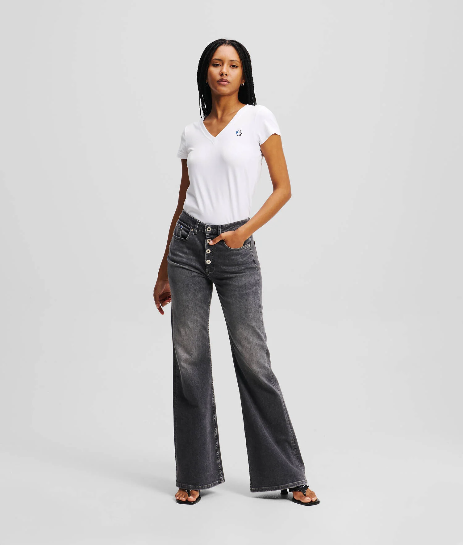 JEAN FLARE EN DENIM TAILLE HAUTE À FERMETURE BOUTONNÉE - Noir lavé visuel