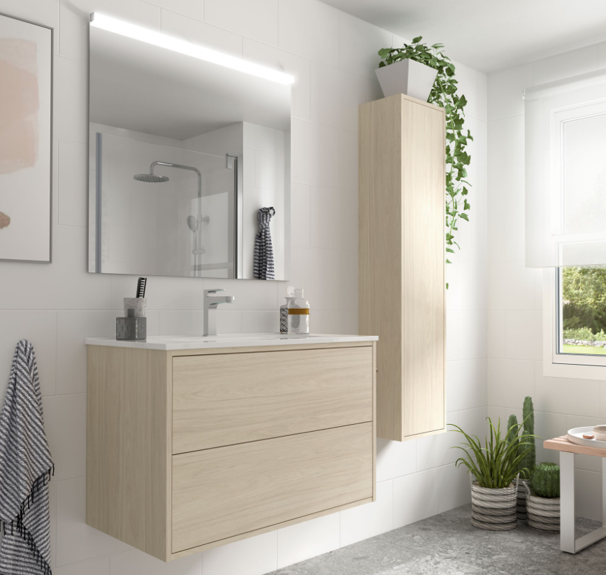 Muebles Ideal badmeubel 80cm met wastafel en spiegel naturel eiken