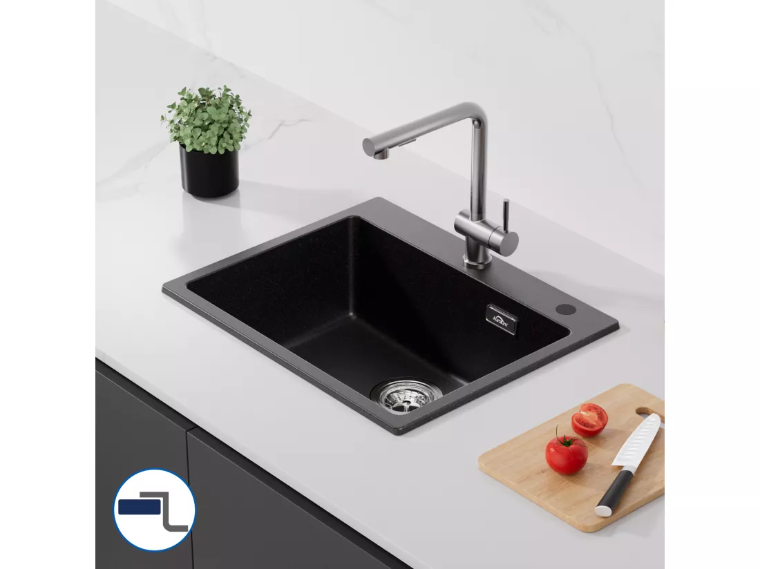 Évier Cuisine 1 Bac,en Granit,55*45*20cm,Kit de Vidage,Évier Cuisine Encastré,Trous de Montage pour Robinet/Distributeur Savon,Noir,EU Modèle