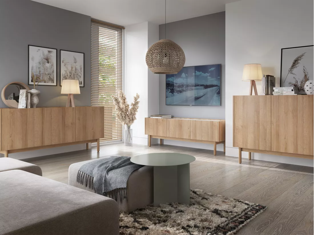 Meuble TV avec 3 portes - Naturel clair et effet marbre blanc - SITOLI
