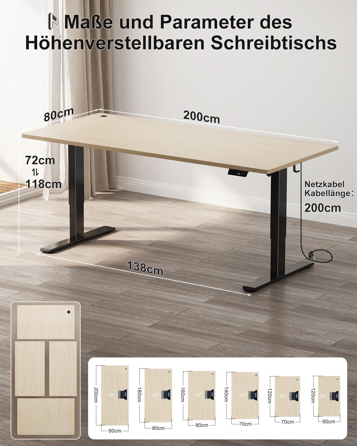 Homall Höhenverstellbarer Schreibtisch 200x80cm mit USB-A Ladeanschluss, Elektrischer Schreibtisch mit Kabel Management Tray, Standing Desk mit 3 Memory Funktion, Computertisch Beige+Schwarz