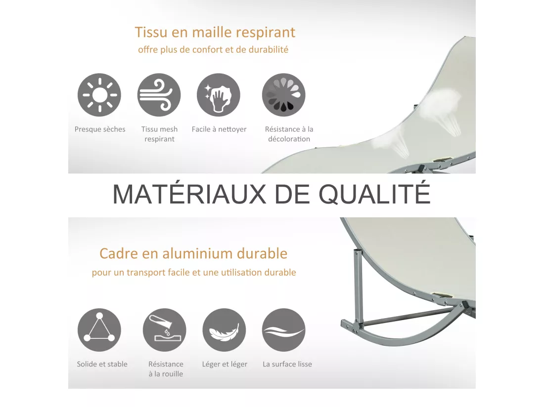Lot de 2 bains de soleil pliables design contemporain - lot de 2 transats ergonomiques - alu. textilène beige