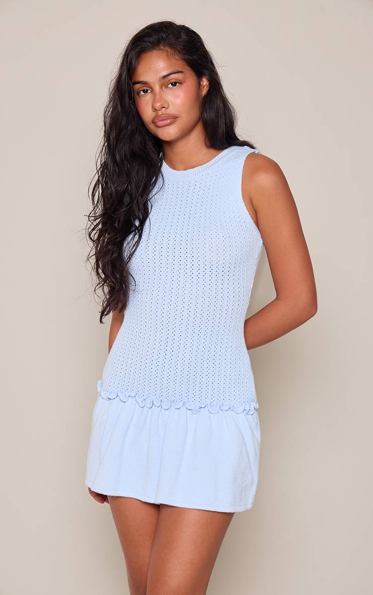 Bleu Layette Robe Courte Tricotée À Taille Basse Et Encolure Dos-nageur
