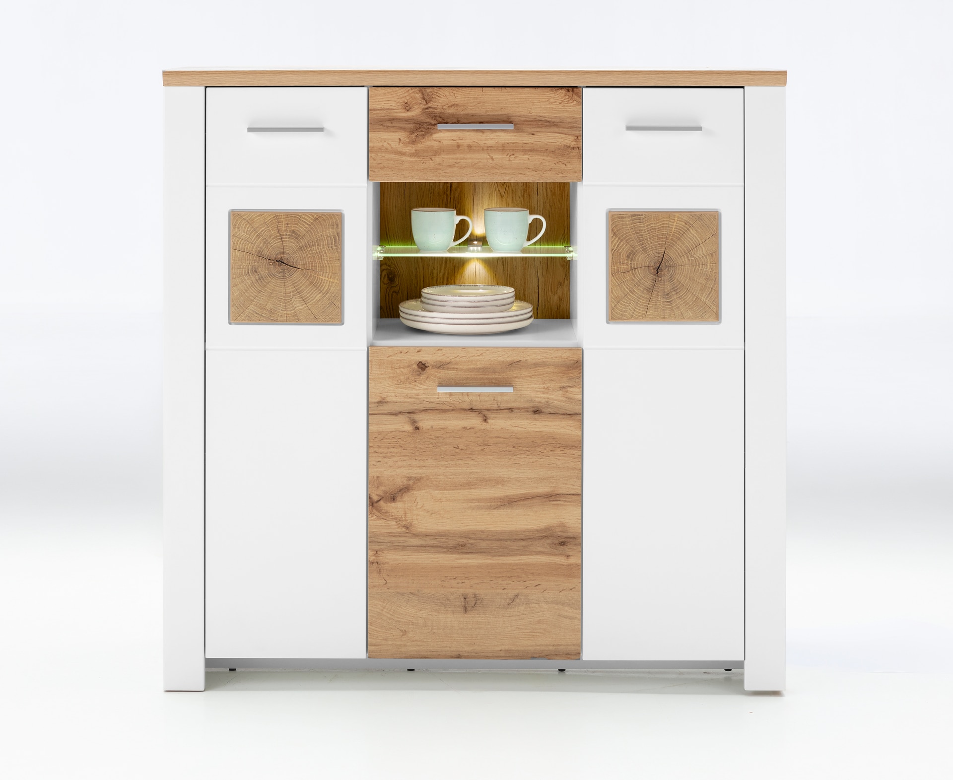 LIV'IN Highboard MATERA 122x122 cm Weiß supermatt / Eiche Nachbildung