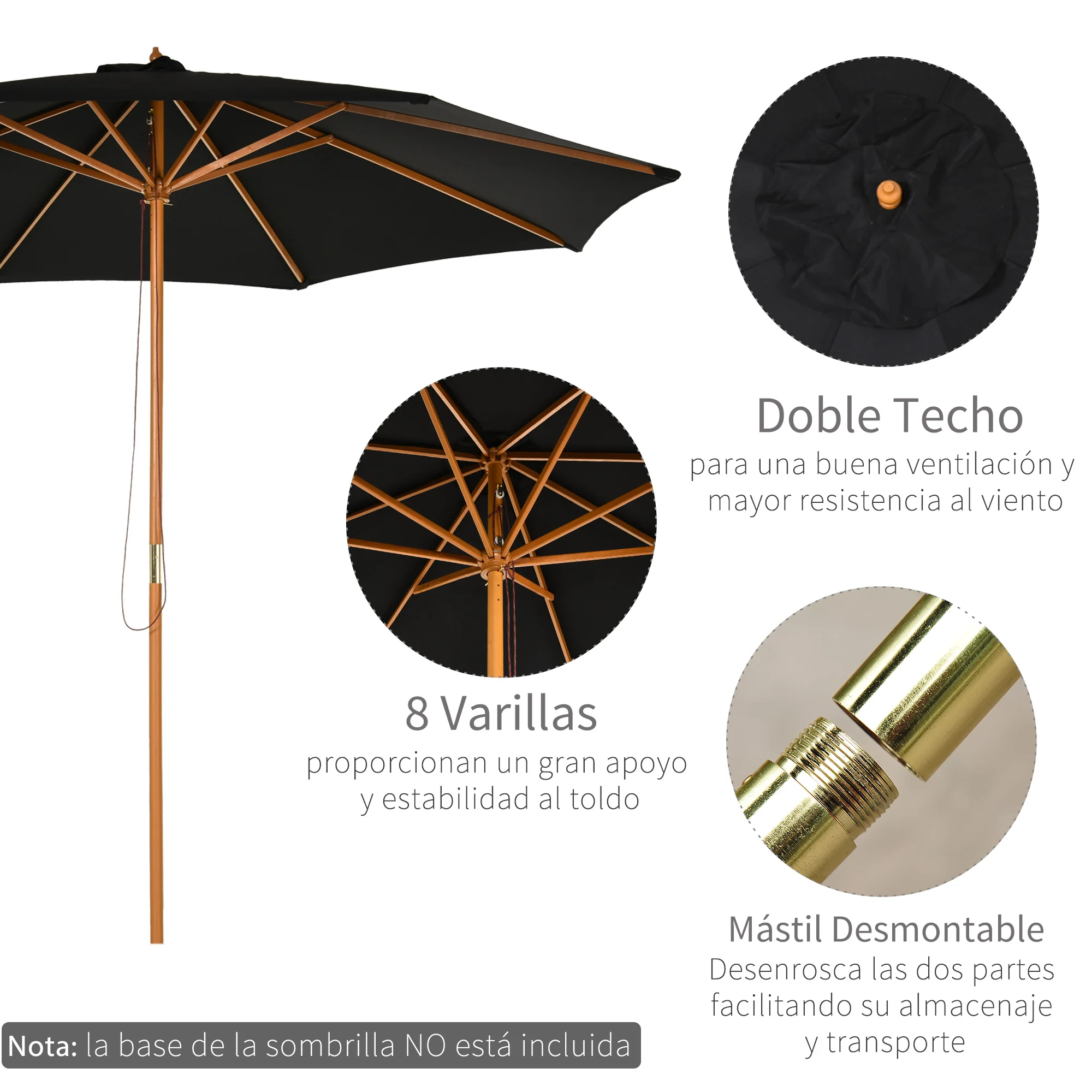 Guarda-sol de jardim Outsunny Ø300x250 cm com sistema de fixação por trava, cobertura ventilada e mastro de madeira removível para terraço, pátio e área externa, preto.