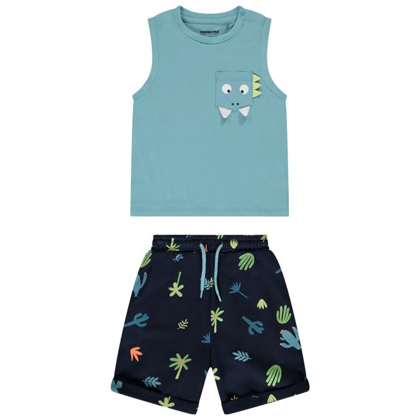 Ensemble débardeur ludique + bermuda imprimé pour bébé garçon - Bleu moyen