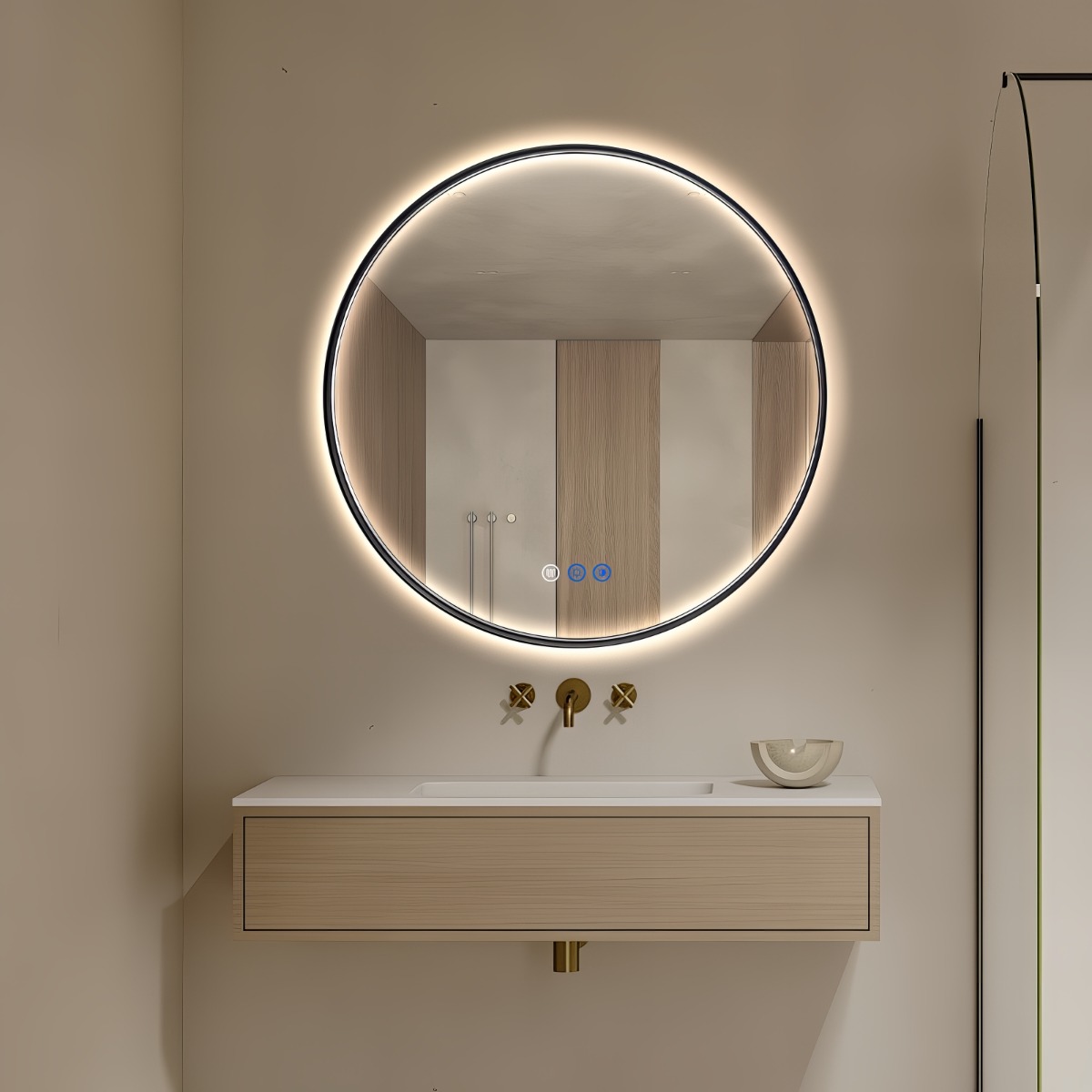 Saniclear Circle Black 2.0 ronde spiegel met verwarming, direct en indirect licht mat zwart 70cm