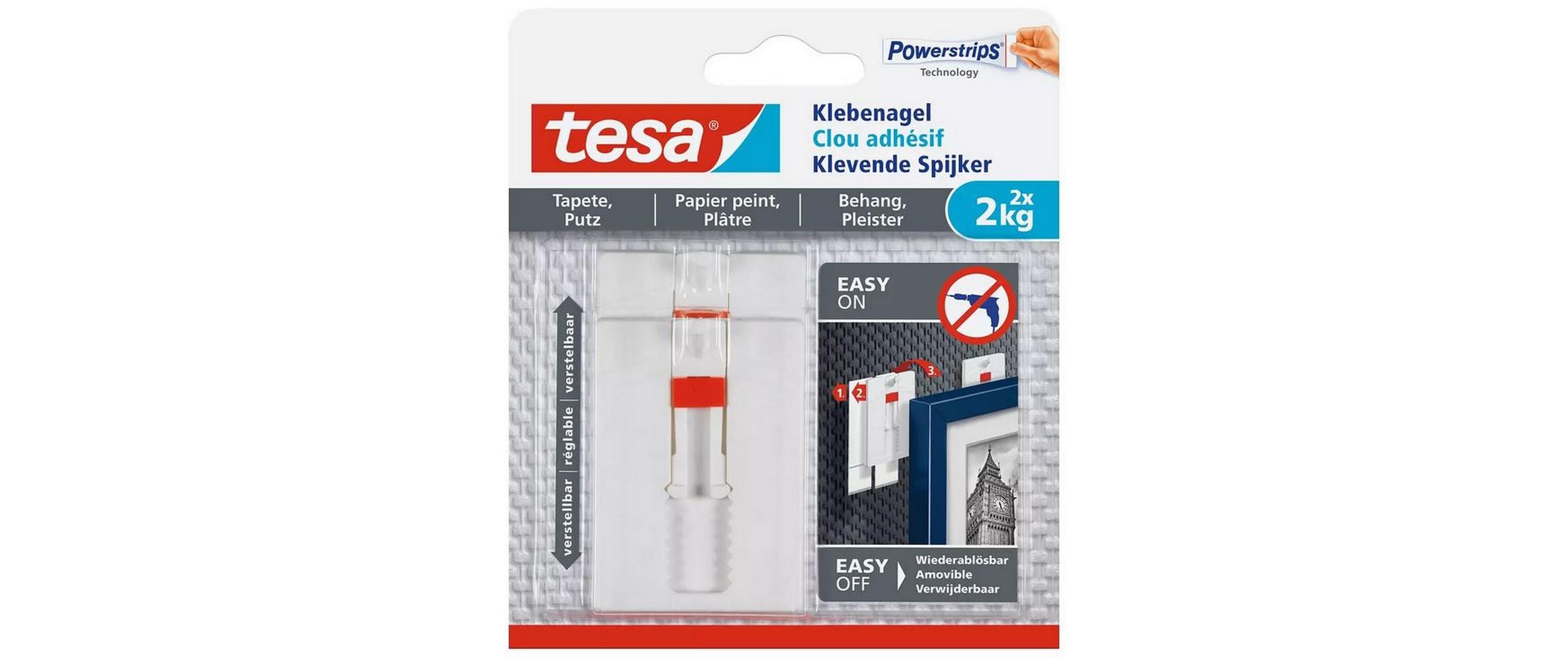 Klebenagel -Set 2 kg, 3x für Tapeten + Putz, verstellbarHöhenverstellbarer, selbstklebender Wandnagel mit bis zu 2 kg Halteleistung pro Nagel