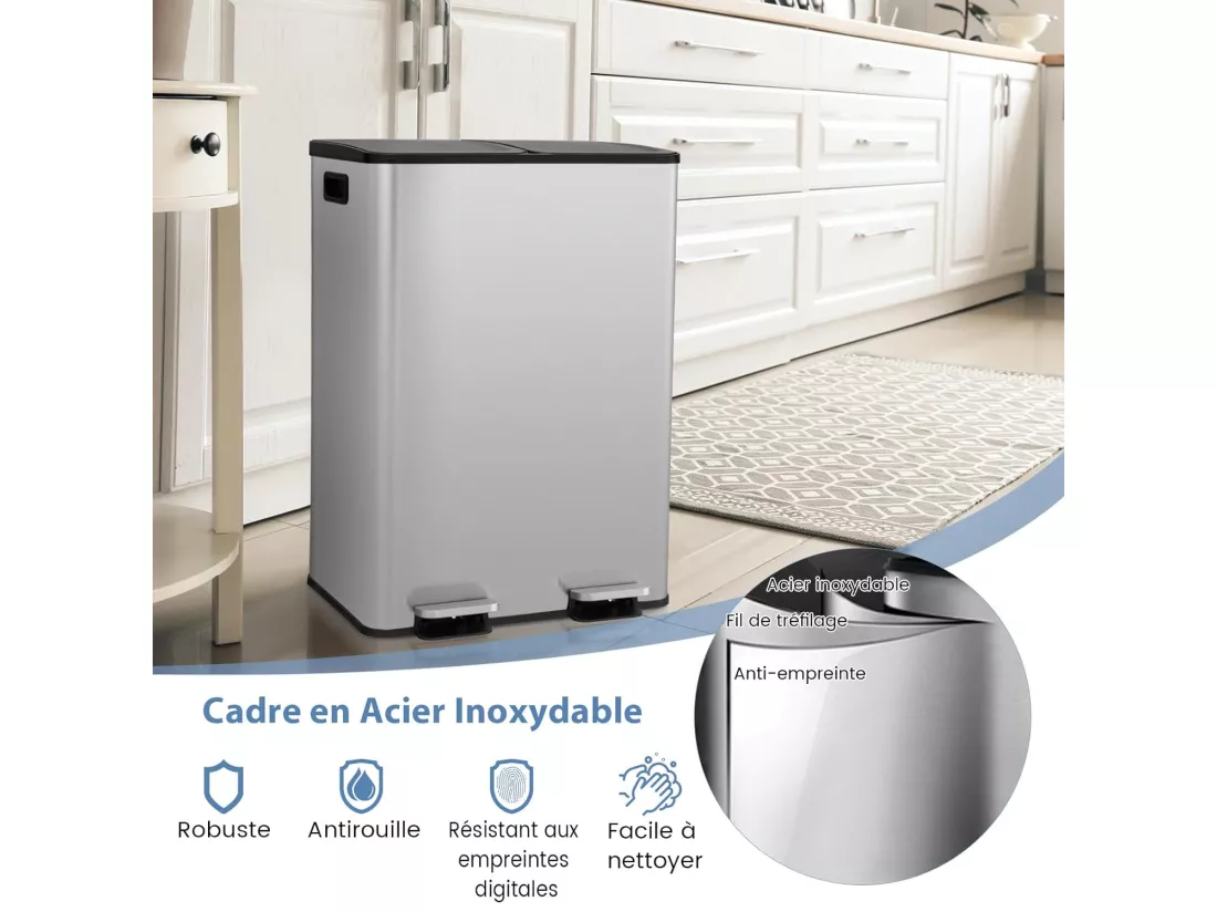 Poubelle Double Compartiments 2 x 30L, Poubelle Tri Selectif en Acier Métal, Anti-Empreinte, 2 Seaux Intérieurs en Plastique, Fermeture en Douceur, Casier pour Désodorisant