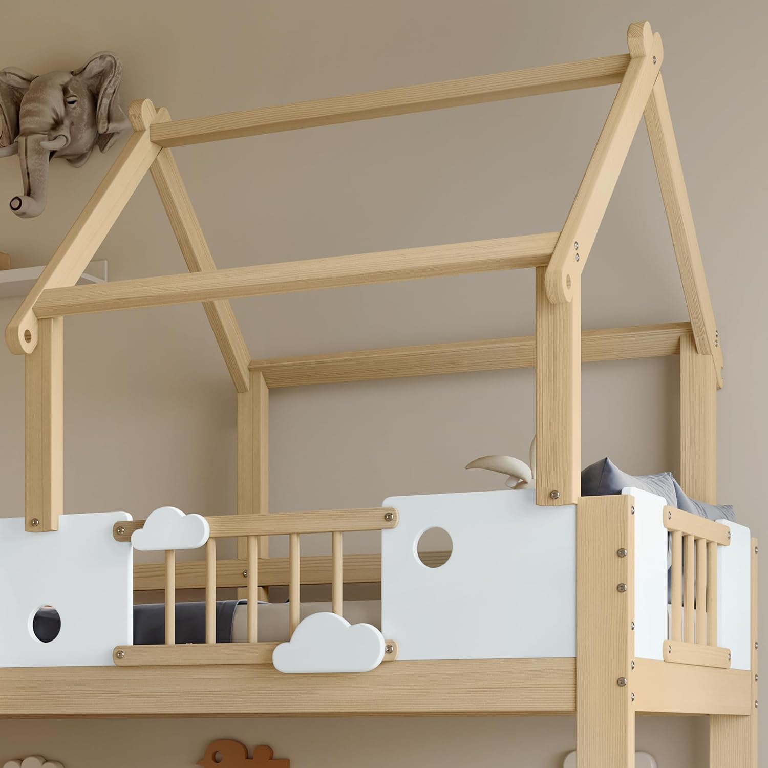 Merax Hochbett 90x200cm für Kinder, Etagenbett Kinderbett mit Fallschutz & Lattenrost, Hausbett mit Dreistufige Schrägleiter, Einzigartiges Dachdesign, Platzsparendes Stockbett, Kiefer+MDF, Natur&Weiß