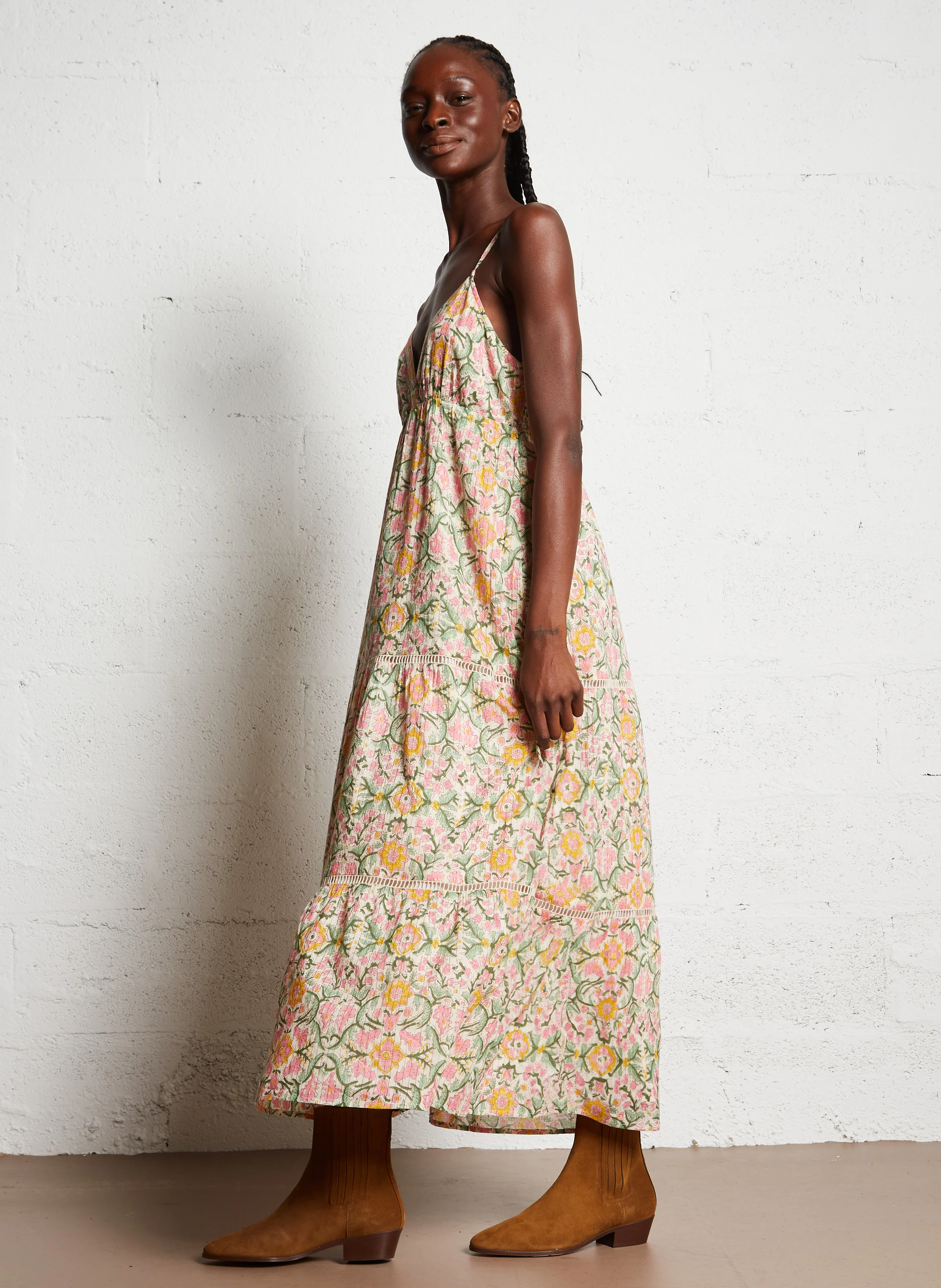 MELINA - Robe longue évasée col V en coton mélangé | Rose