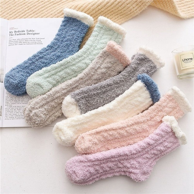 (1 Paar) Damen Kuschel Socken Wintersocken Füsslinge Flauschige Bettsocken (One Size) - Mint / Weiss