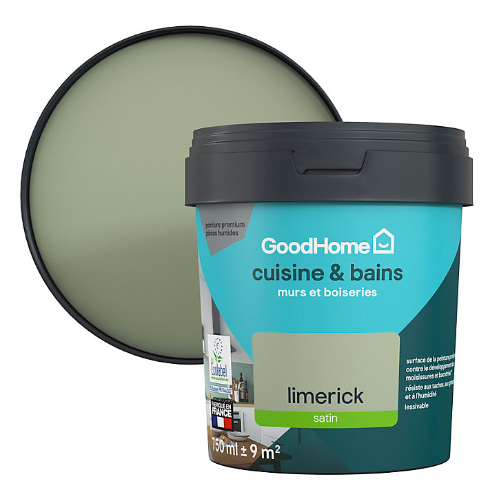Peinture cuisine et salle de bains GoodHome vert Limerick satin 750ml