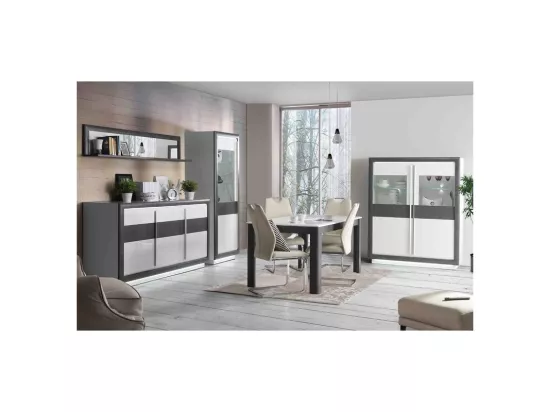 Colonne vitrine 1 porte blanc laqué et décor béton avec LED - CALVI