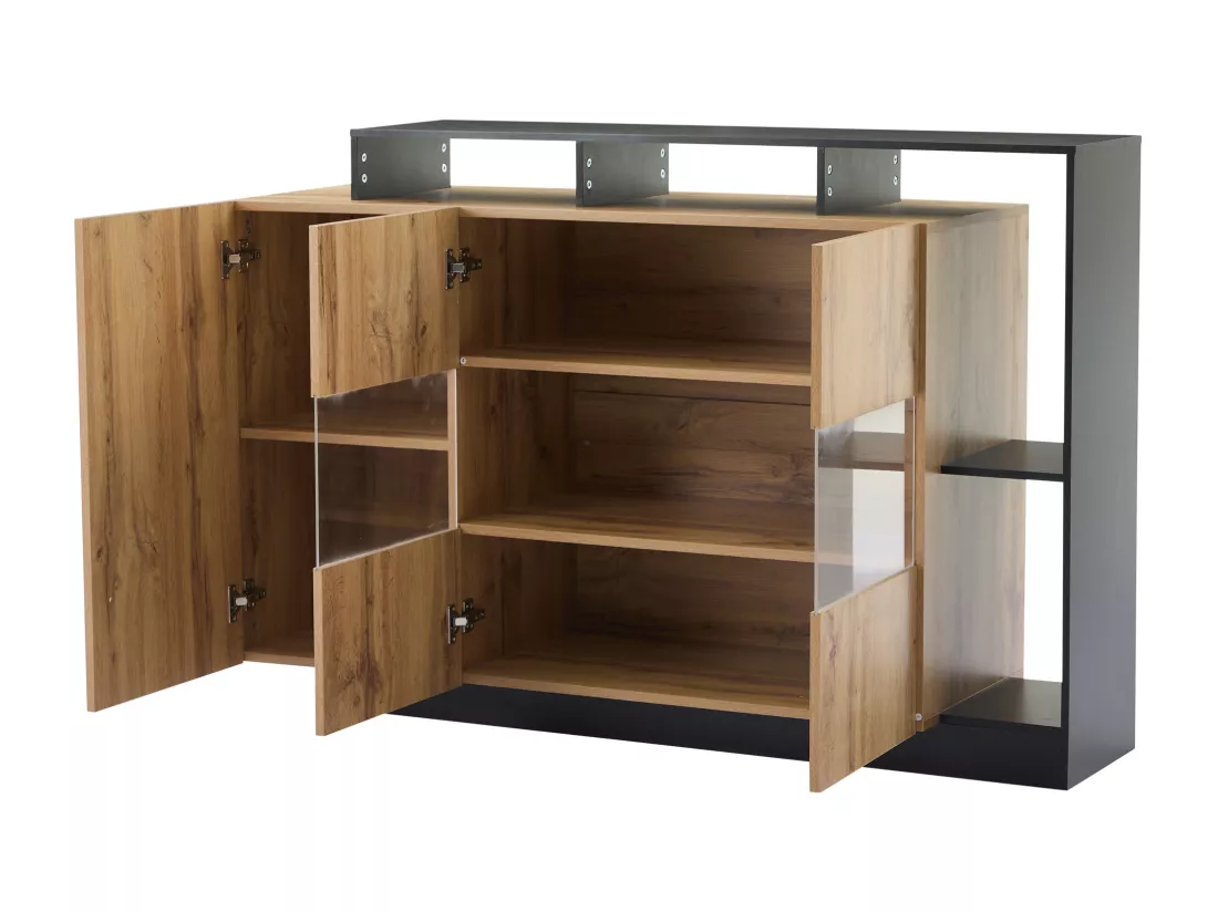 Buffet avec 3 portes et étagères de rangement - 140 x 44 x 93.5 cm - LEDs - Bois MDF - Naturel
