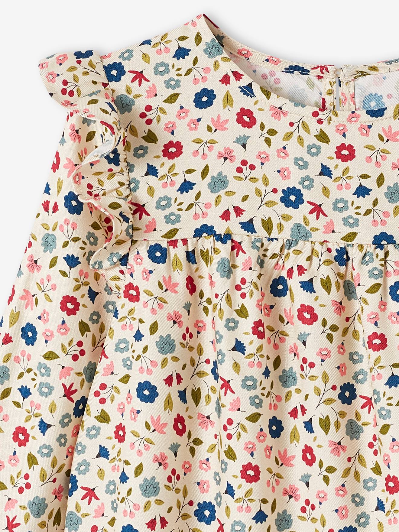 Vestido fluido com babados e motivos florais, para meninas, azul escuro