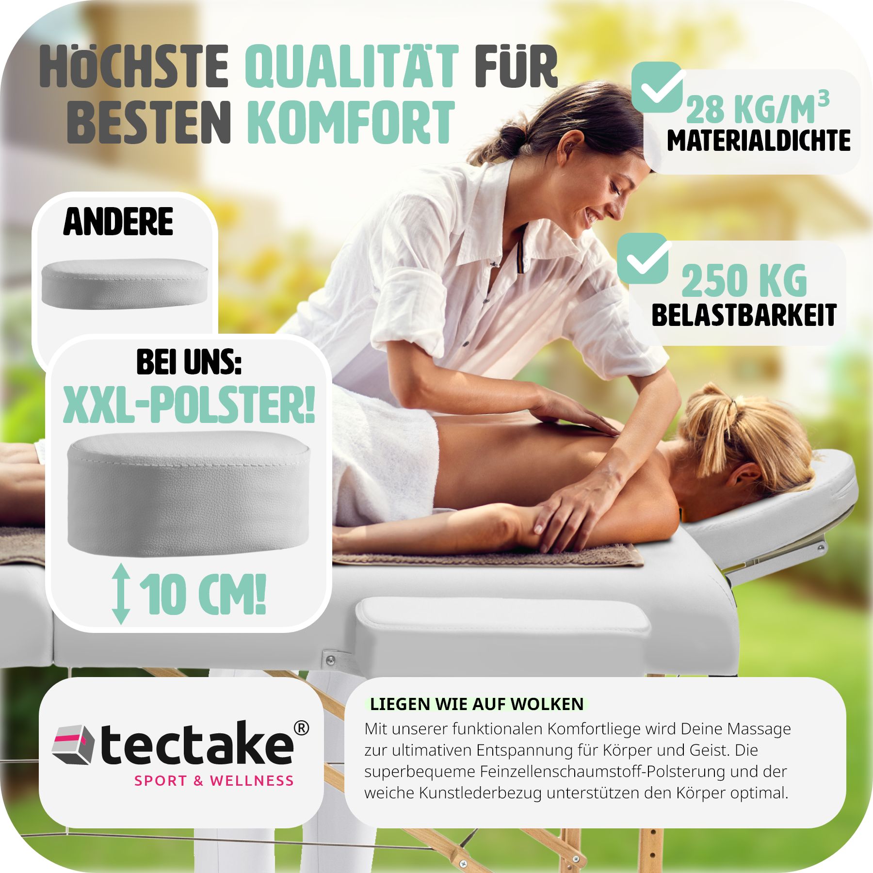 tectake® 3 Zonen Massageliege, Polsterung 10 cm, mit Holzgestell, verstellbare Ablagen für Kopf und Arme, 218 x 102 x 65 - 90 cm