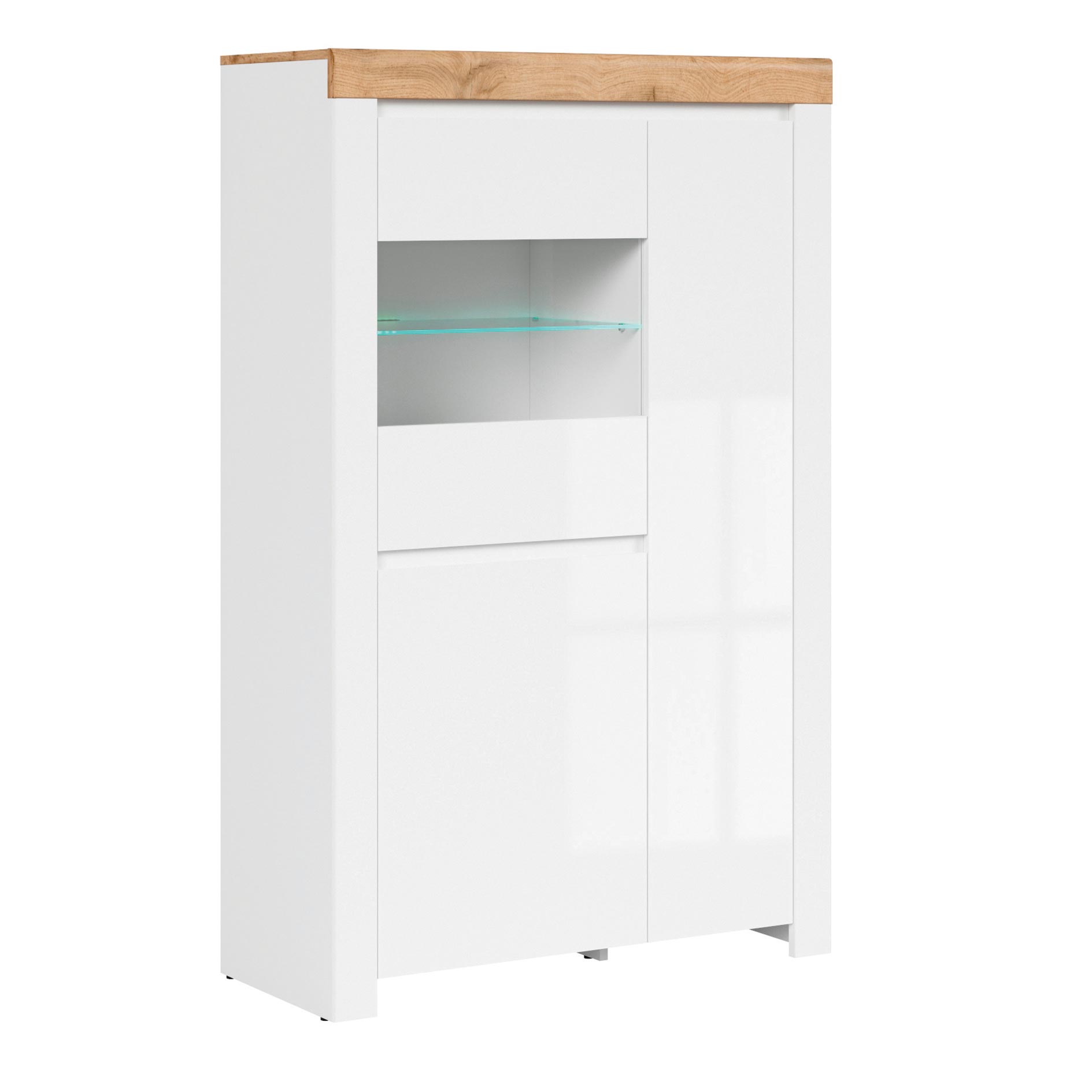Highboardvitrine - weiß Hochglanz-Wotan Eiche - 157 cm hoch