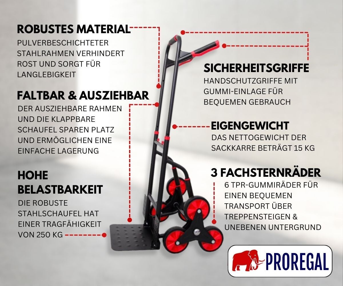 PROREGAL Opvouwbare Professionele Trapklimmer TAURUS 250 HxBxD 115 x 52 x 63 cm Draagvermogen 250 kg Stalen frame Ergonomische handgrepen TPR rubberen wielen Rood-Zwart