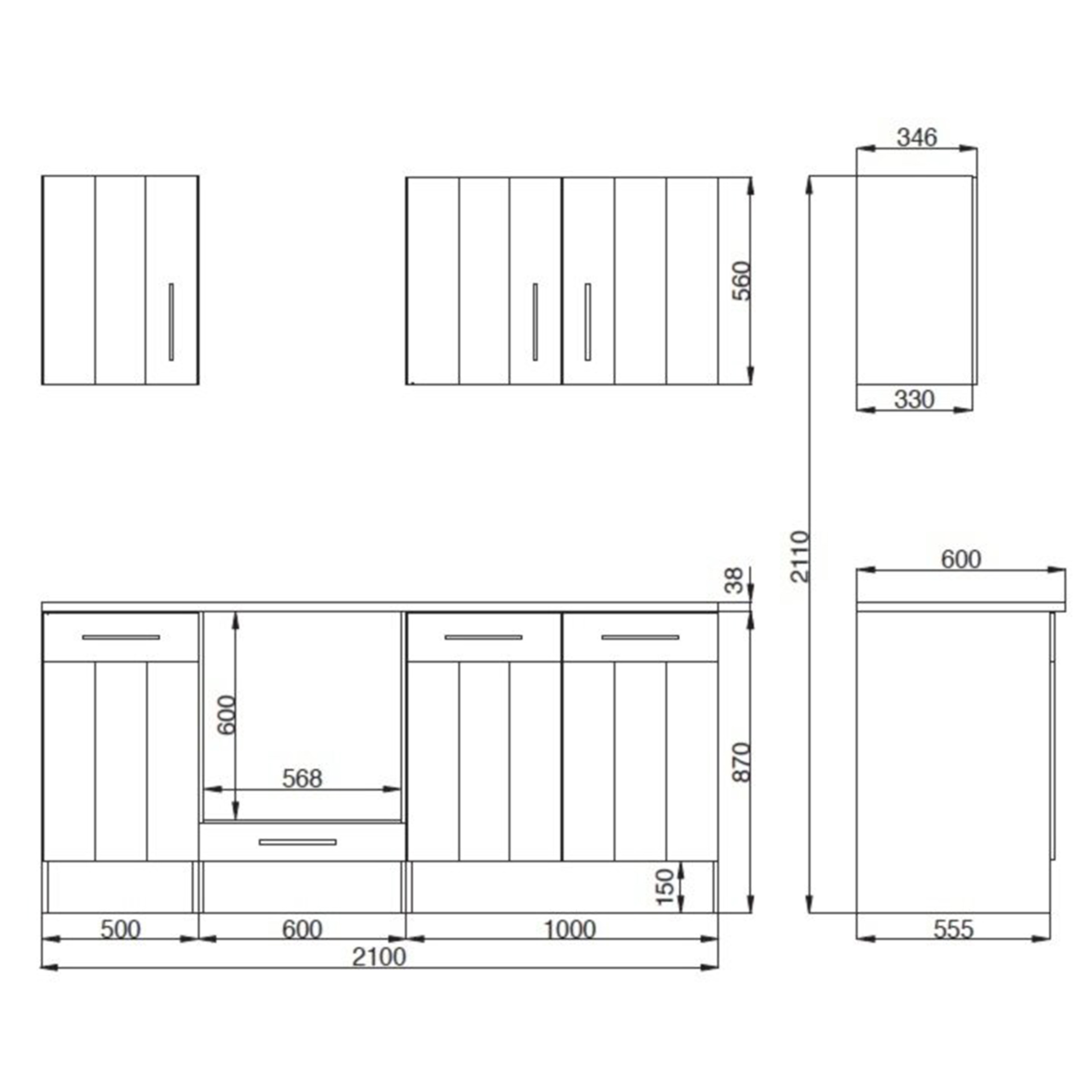 RESPEKTA Küchenblock - Lärche weiß - mit E-Geräten - 210 cm
