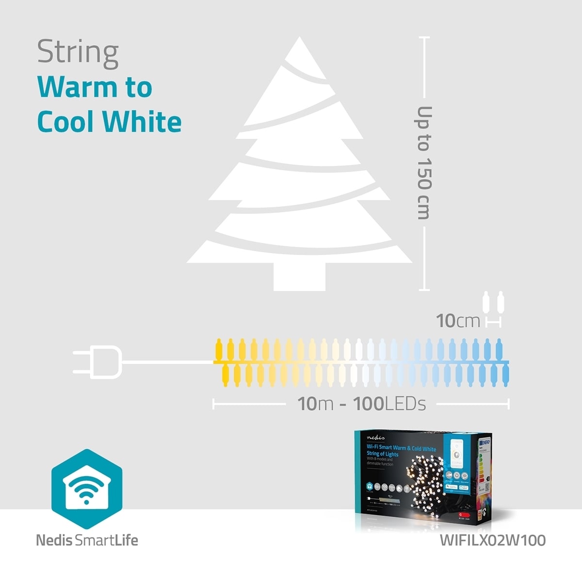 Nedis SmartLife Julelys | Streng | Wi-Fi | Varm til avkjølt hvitt | 100 LED s | 10.0 m | Android™ / IOS