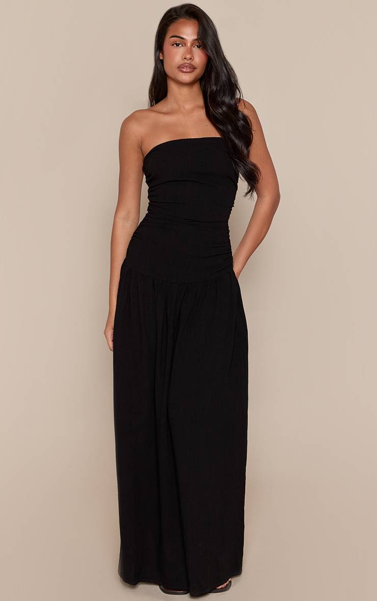 Noir Robe Maxi Bandeau À Détails Froncés Effet Lin