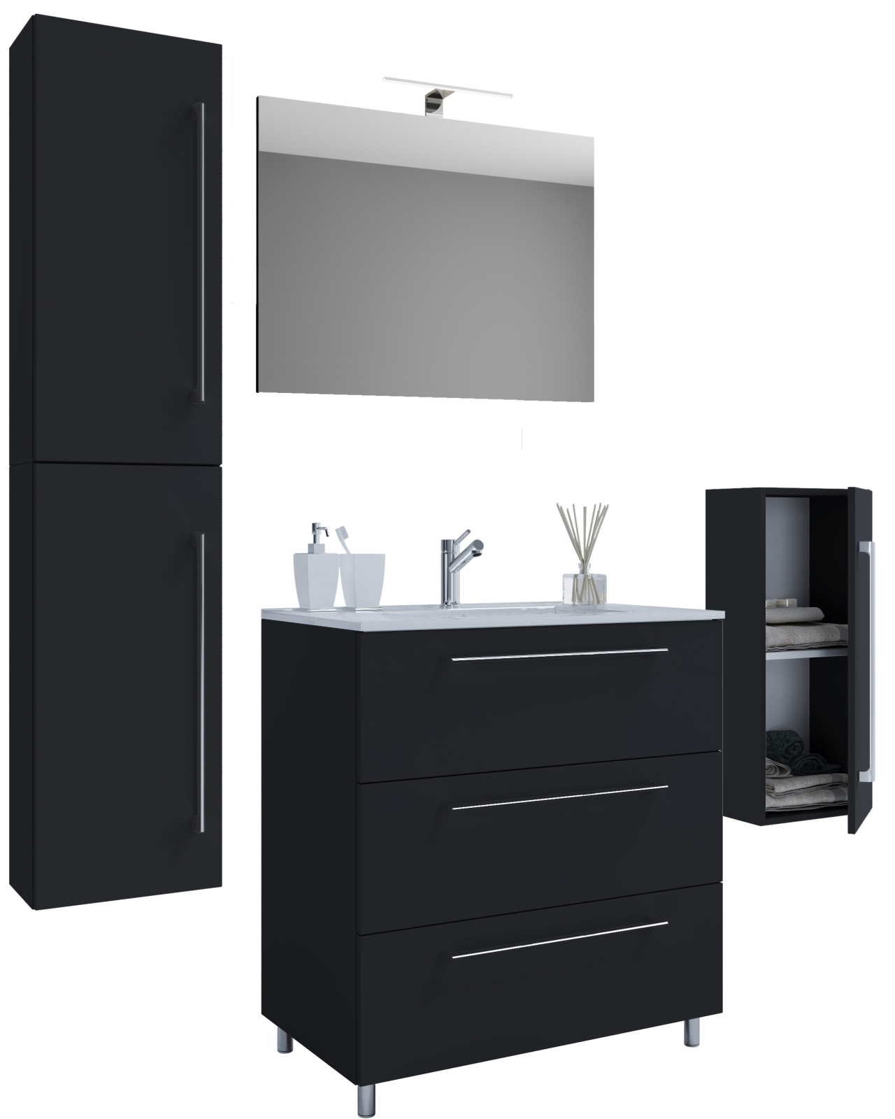 5-teiliges Badmöbel-Set BADINOS 3 - schwarz - Spiegel - 126 cm breit