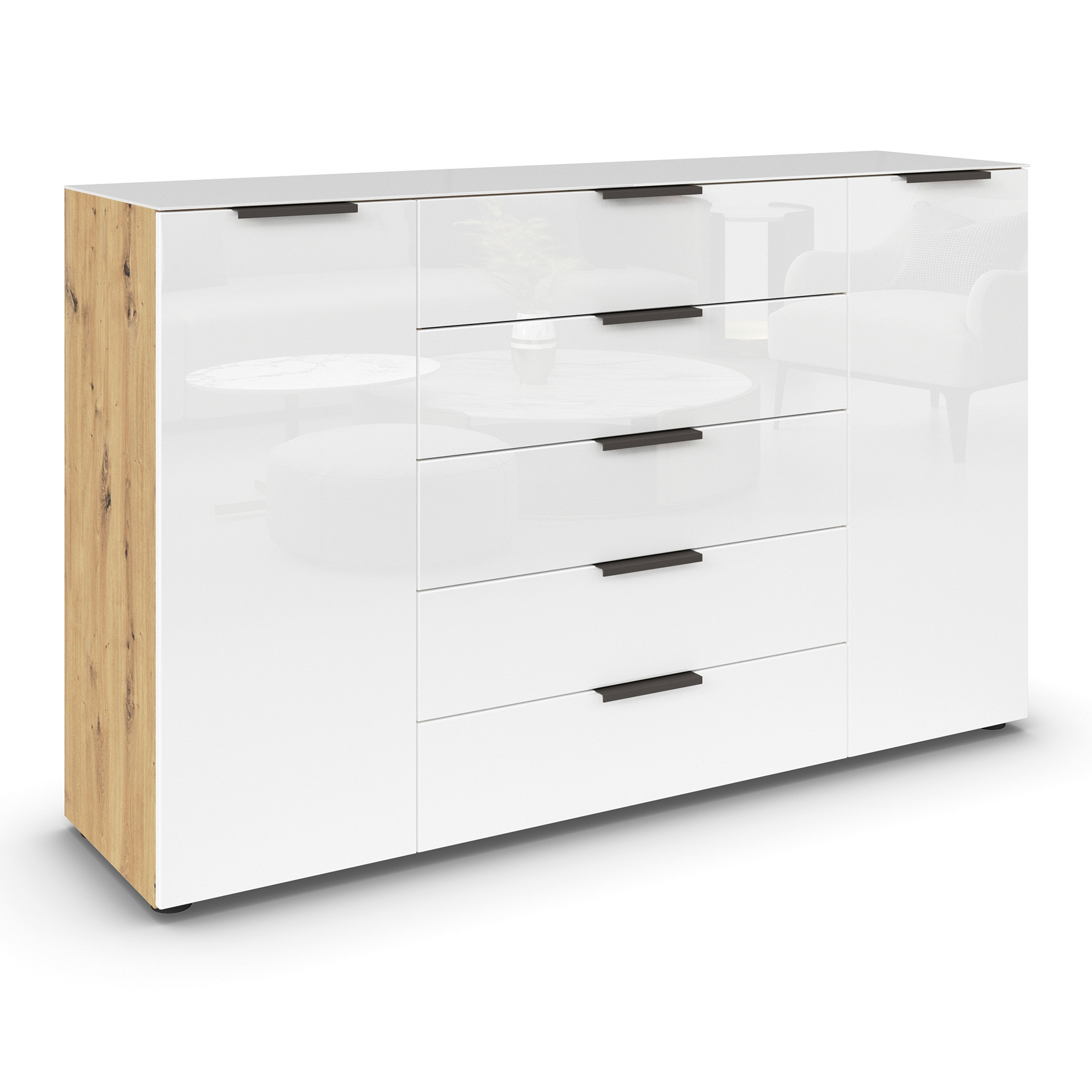 Kommode - Artisan Eiche-Kristallweißglas - Graphitgriffe - 160 cm