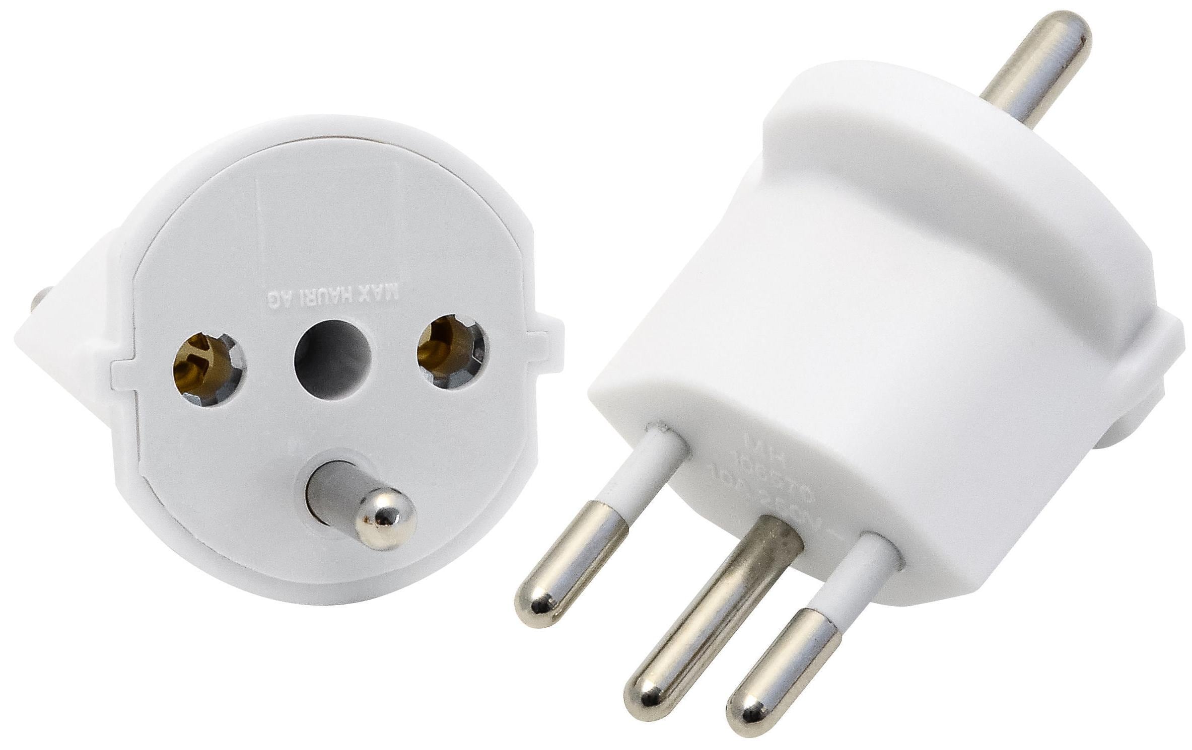 Fixadapter SchuKo Konturenstecker – T12 weissDeutsch (Schuko CEE7) auf Schweiz (T12) 3 Pol