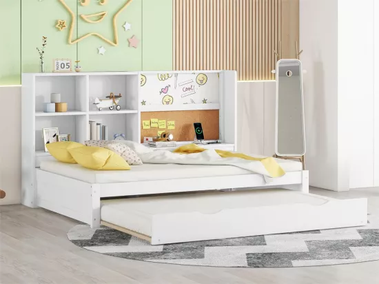 Lit banquette avec un lit gigogne- 90x200cm - avec un planche à dessin et compartiments de rangement - Blanc