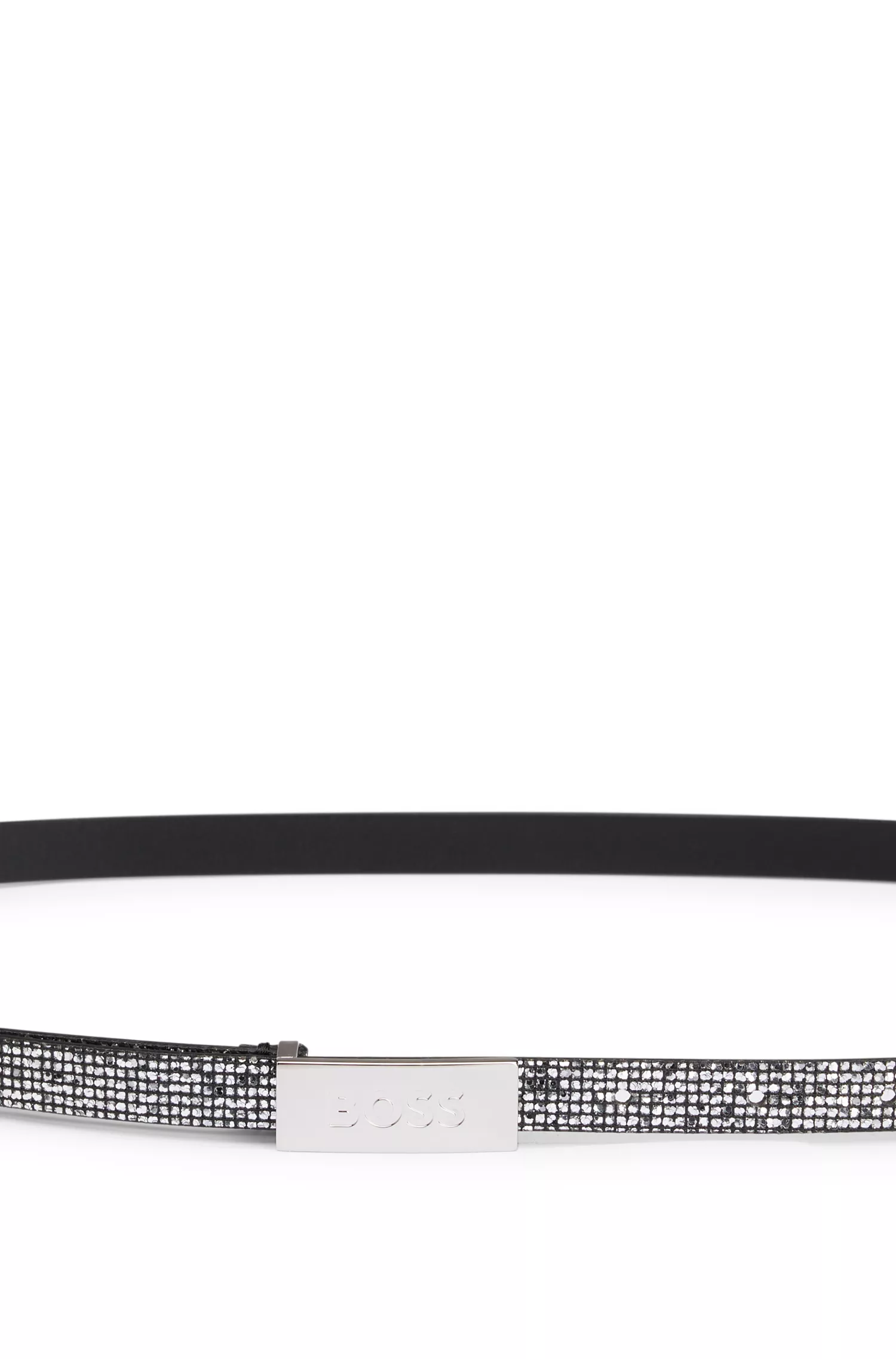 Cinto BOSS em couro com detalhes em glitter preto e fivela com placa com o logotipo.