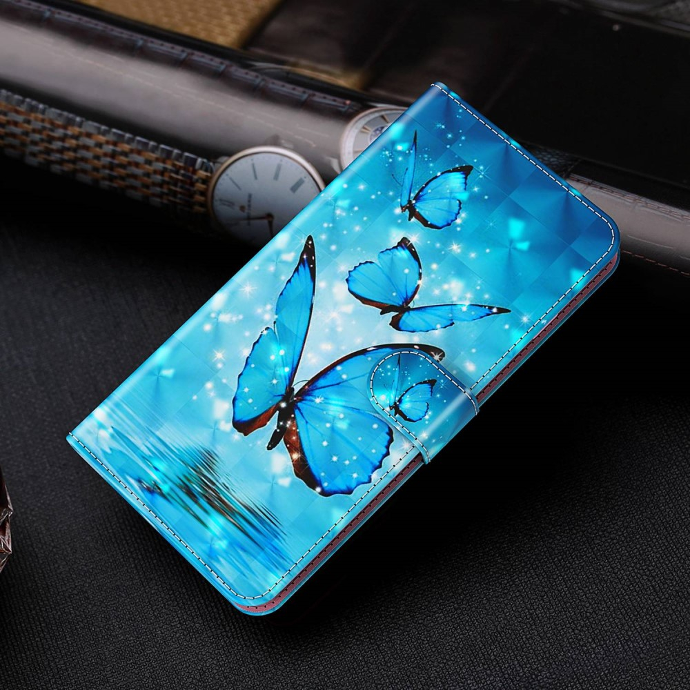 iPhone 14 Leder Tasche mit Kartenfach   Handschlaufe - Schmetterling (Blau)