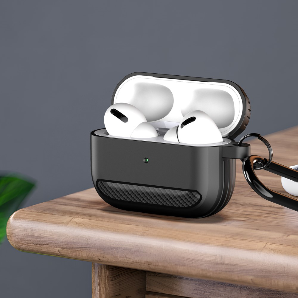 AirPods (1. & 2. Generation) Gummi Schutzhülle Abdeckung mit Karabinerhaken Carbon Look - Rosa
