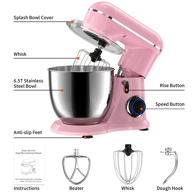 Batedeira de pedestal Samsaimo, 6,5 QT, 660 W, 10 velocidades, cabeça inclinável, batedeira elétrica de cozinha com tigela, gancho para massa, batedor e fouet para a maioria dos cozinheiros domésticos.