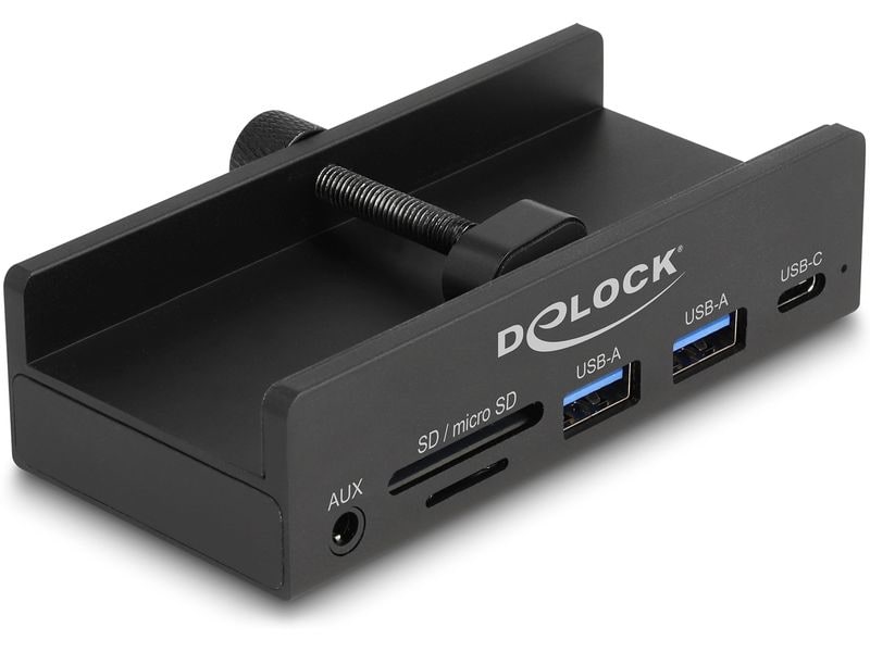 Delock Externer USB-Hub 5 Gbps Externer USB-Hub mit 3 Anschlüssen, USB Typ-A/Type-C und Kartenleser mit Feststellschraube