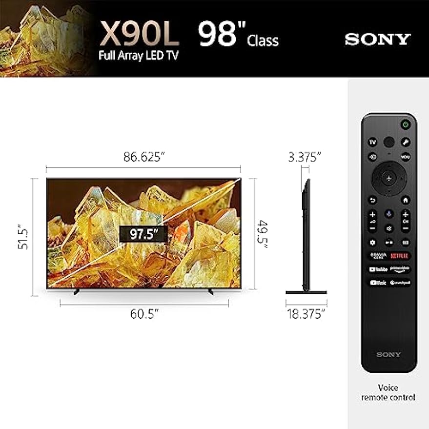 TV Sony 4K Ultra HD de 98 polegadas Série X90L: BRAVIA XR Full Array LED Smart Google TV com Dolby Vision HDR e recursos exclusivos para o Playstation® 5 XR98X90L - Modelo 2023
