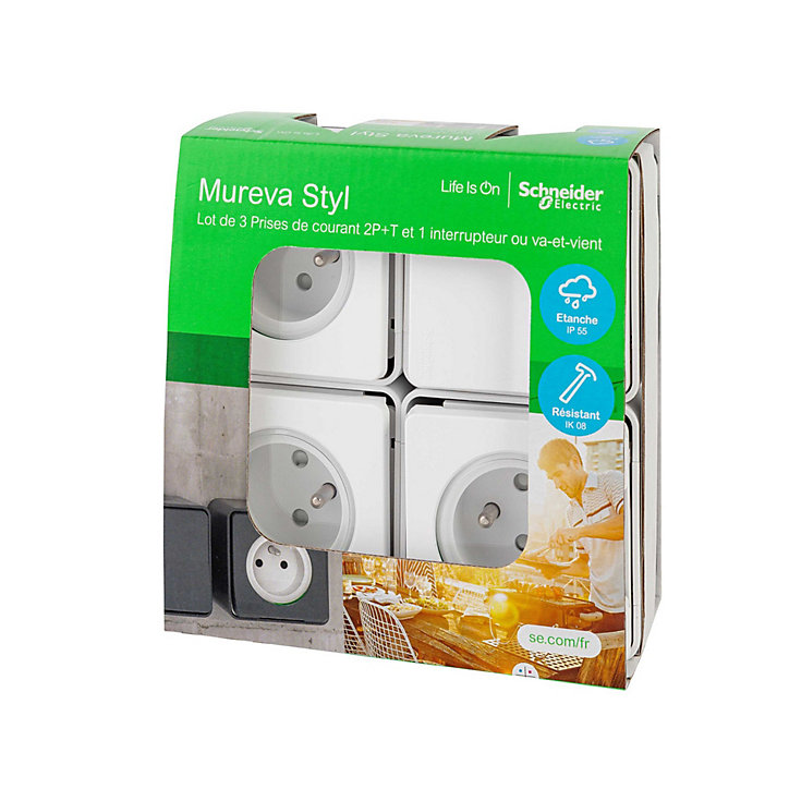 3 prises avec terre + 1 interrupteur va-et-vient Schneider Electric Mureva Styl blanc, lot