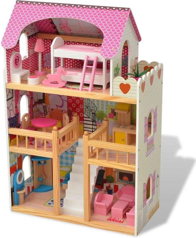 Poppenhuis - Meerkleurig - MDF en Grenenhout - Inclusief 18 Miniatuur Meubels