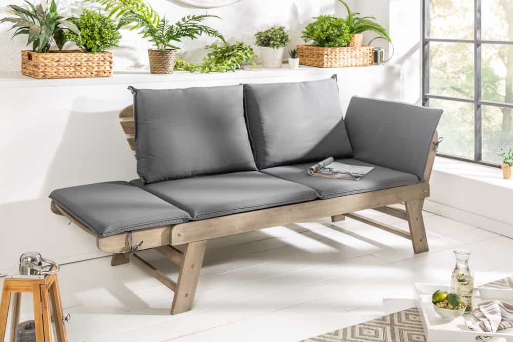 Massivholz Sitzbank MODULAR 155-190cm grau Akazie inkl. Kissen Gartenbank klappbar