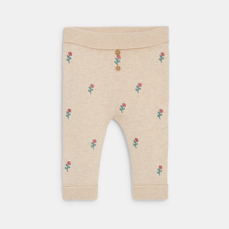 Pull et pantalon maille tricot brodée rose bébé fille Beige