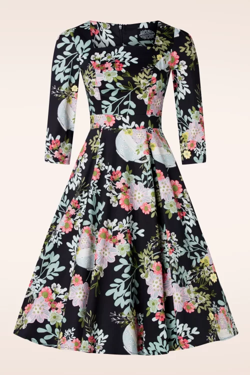 Hearts & Roses Janet Floral swing jurk in zwart en multi